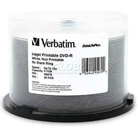 VERBATIM AMERICAS VerbatimÂ DVD-R, , 16X Speed, 4.7GB, Inkjet/Hub Printable, 50/Pk, White 95079